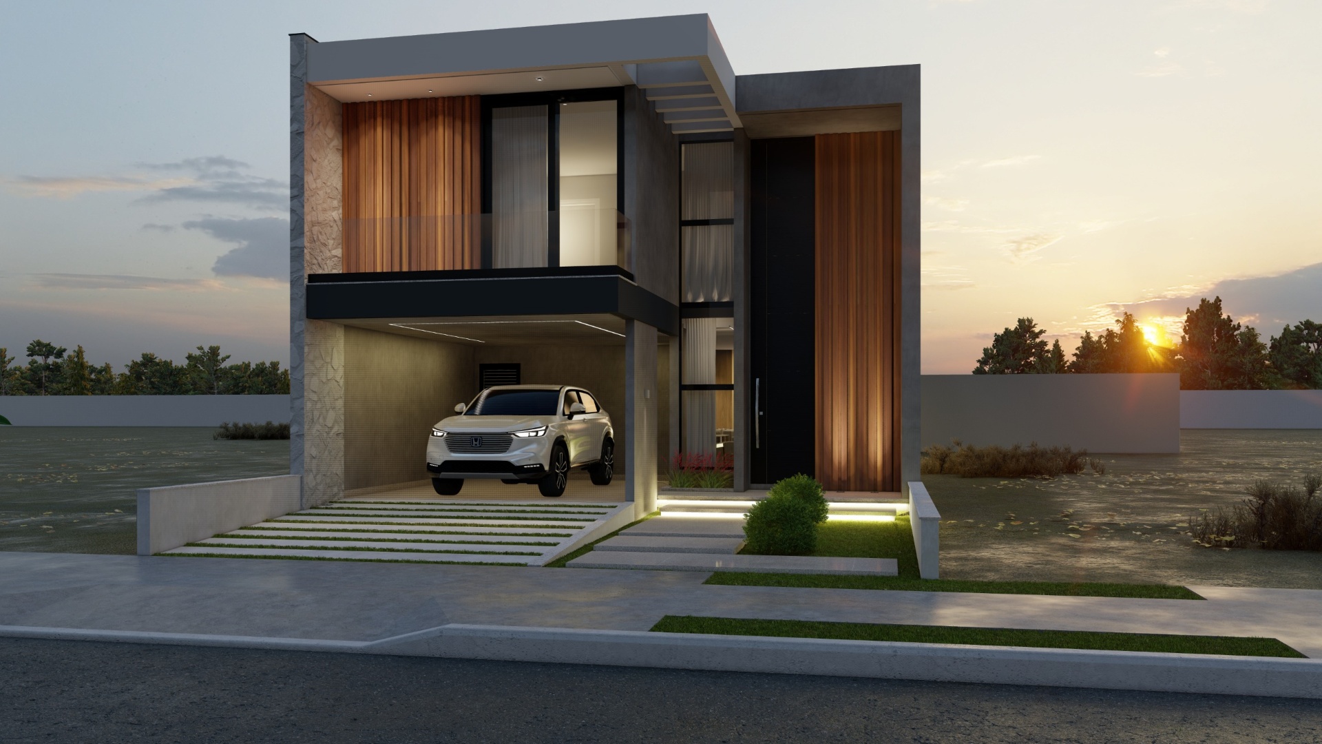 Fachada residencial ao entardecer